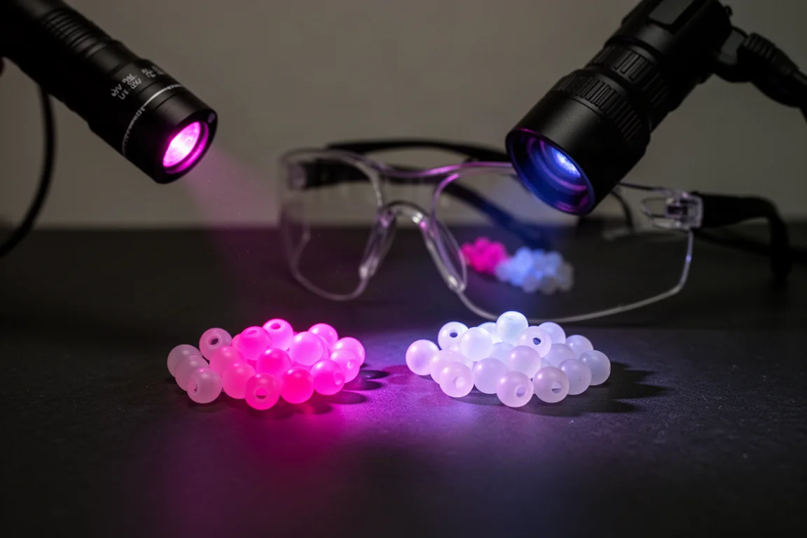 UV test beads glowing pink under a UV flashlight beside safety glasses