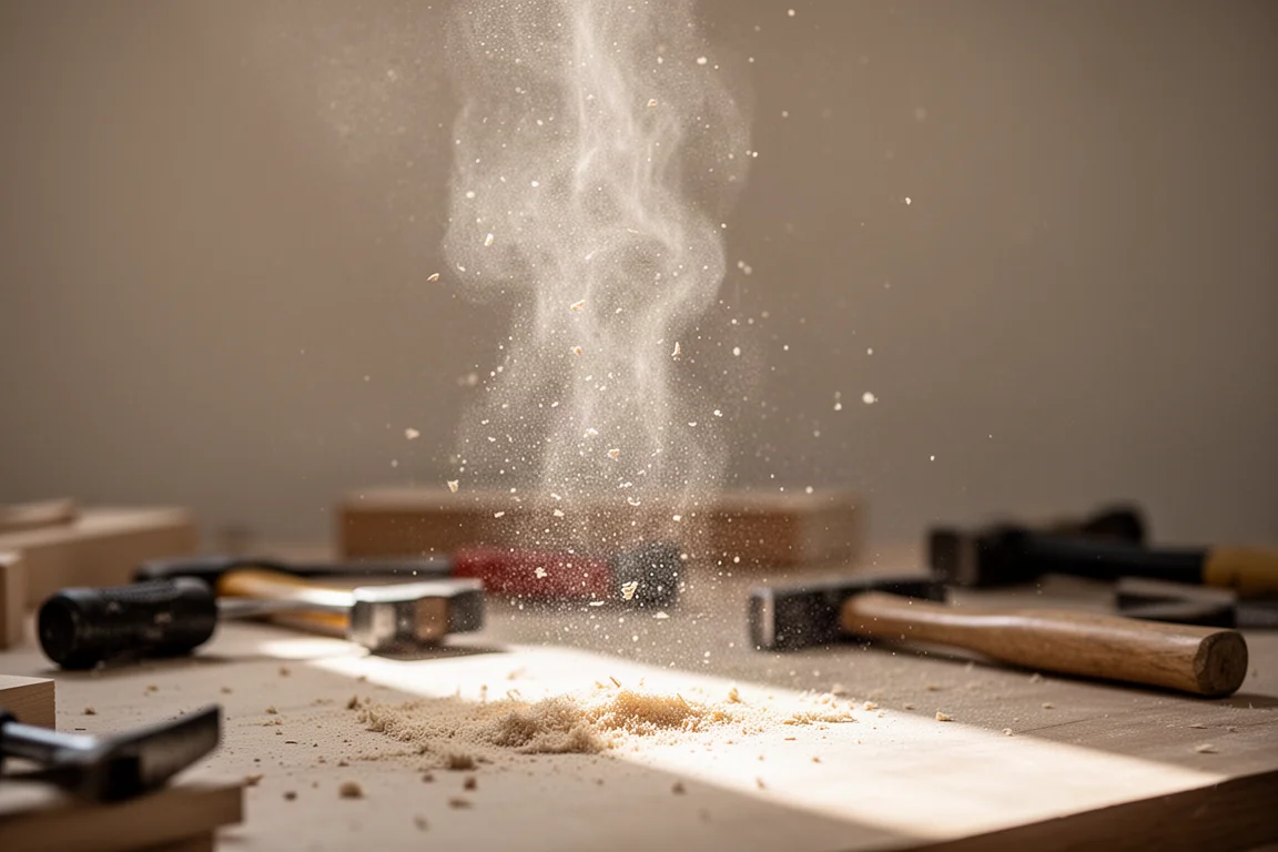 Woodworker cutting lumber on a saw with fine dust in the air