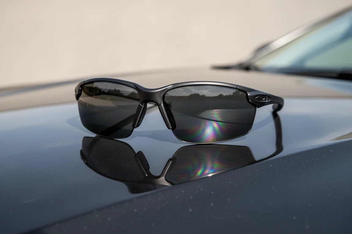 Polarized tinted safety glasses on a car hood showing reflected coating patterns