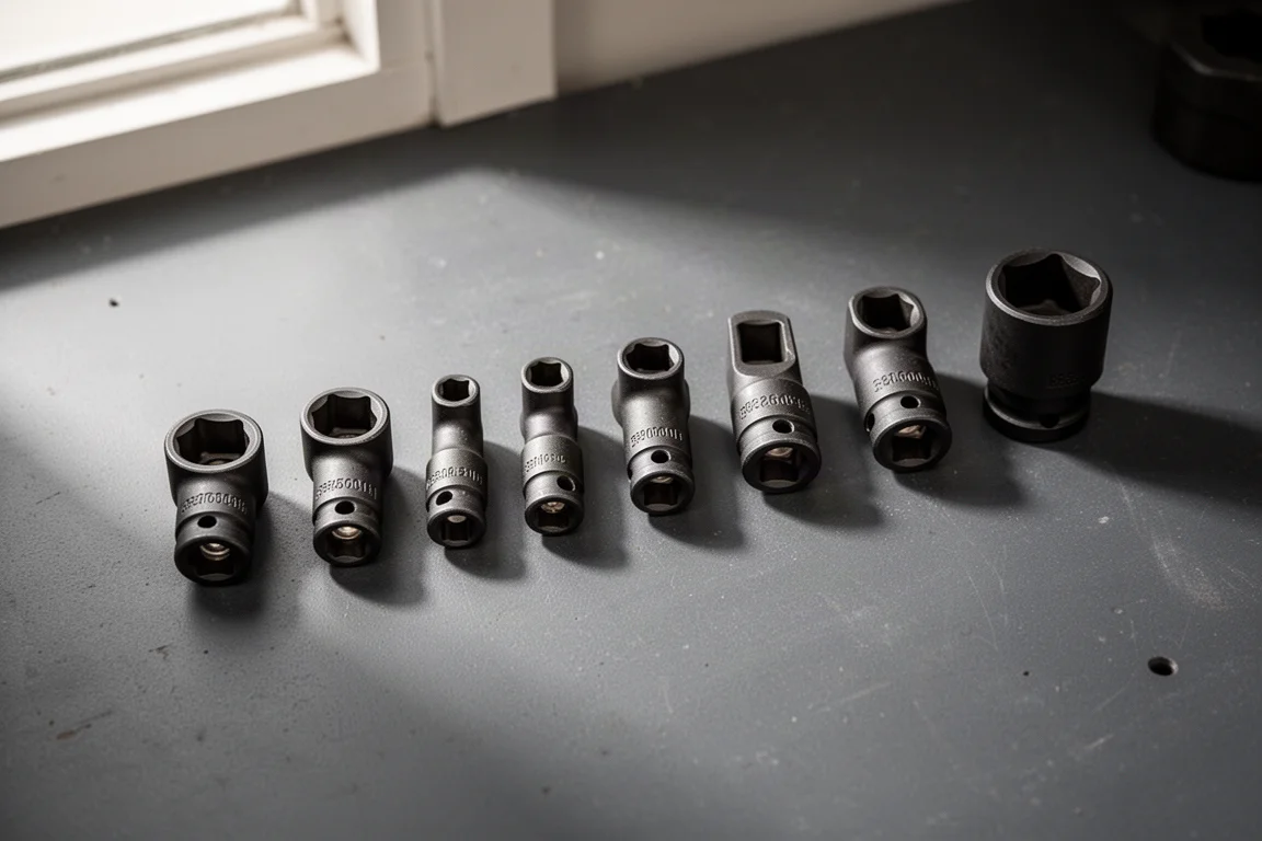 Compact impact socket adapters arranged on a dark workbench under soft light