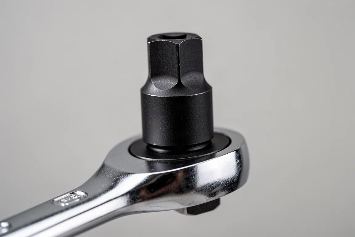 Close-up of a steel drive adapter square held in a ratchet head