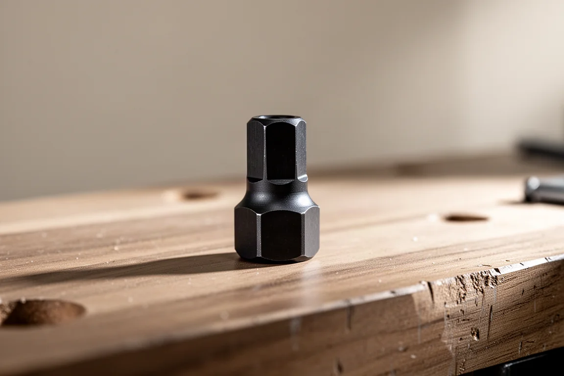 Small hex-style adapter resting on a wooden workbench surface