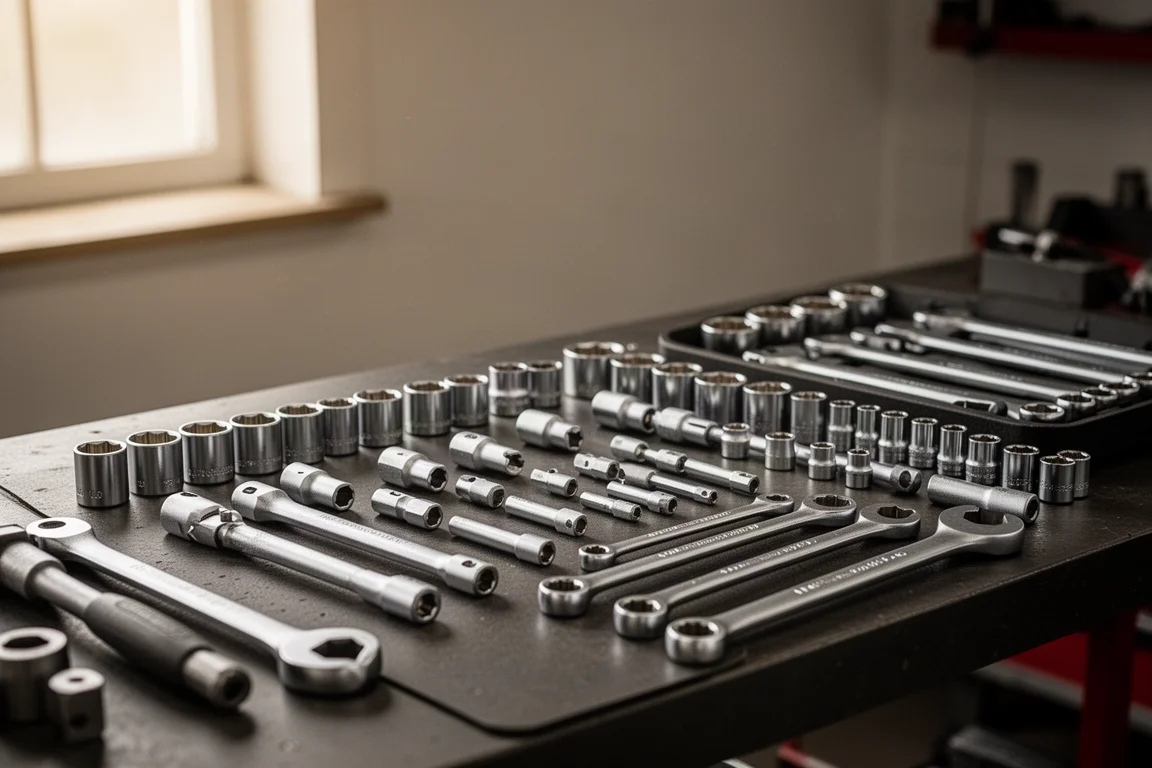 Organized hand tool kit laid out on a workbench in a workshop setting