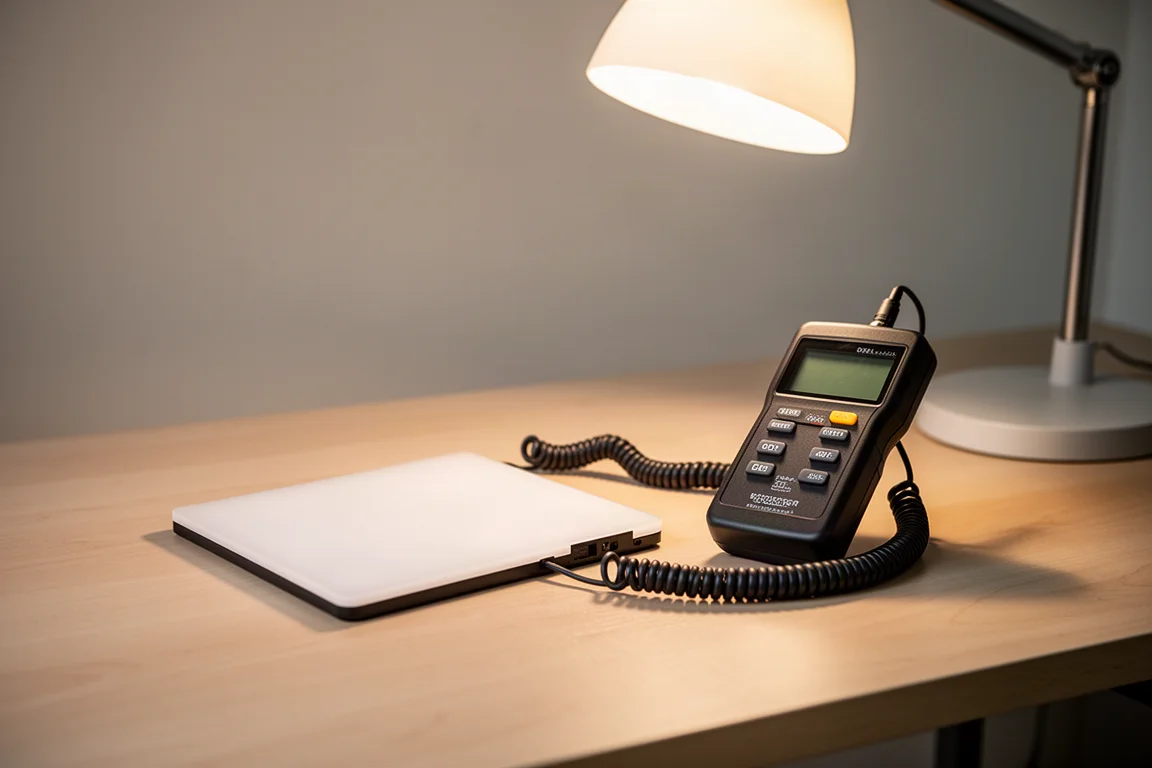 Handheld light meter sensor placed on a desk under an illuminated LED bulb