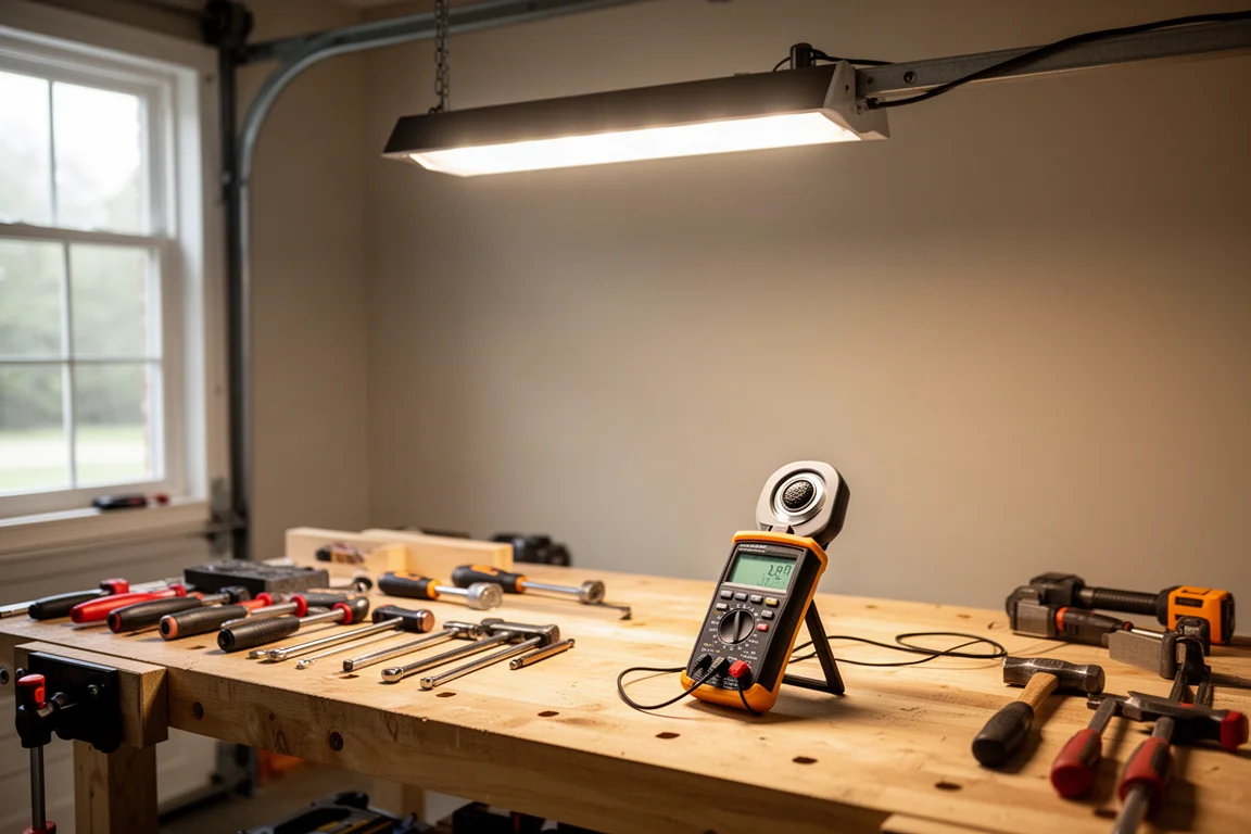 Interior workspace with overhead shop light and a meter measuring illumination
