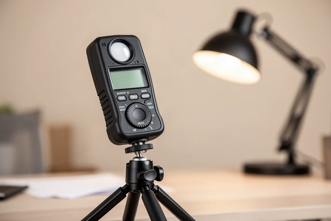 Handheld light meter mounted on a small tripod in a home office