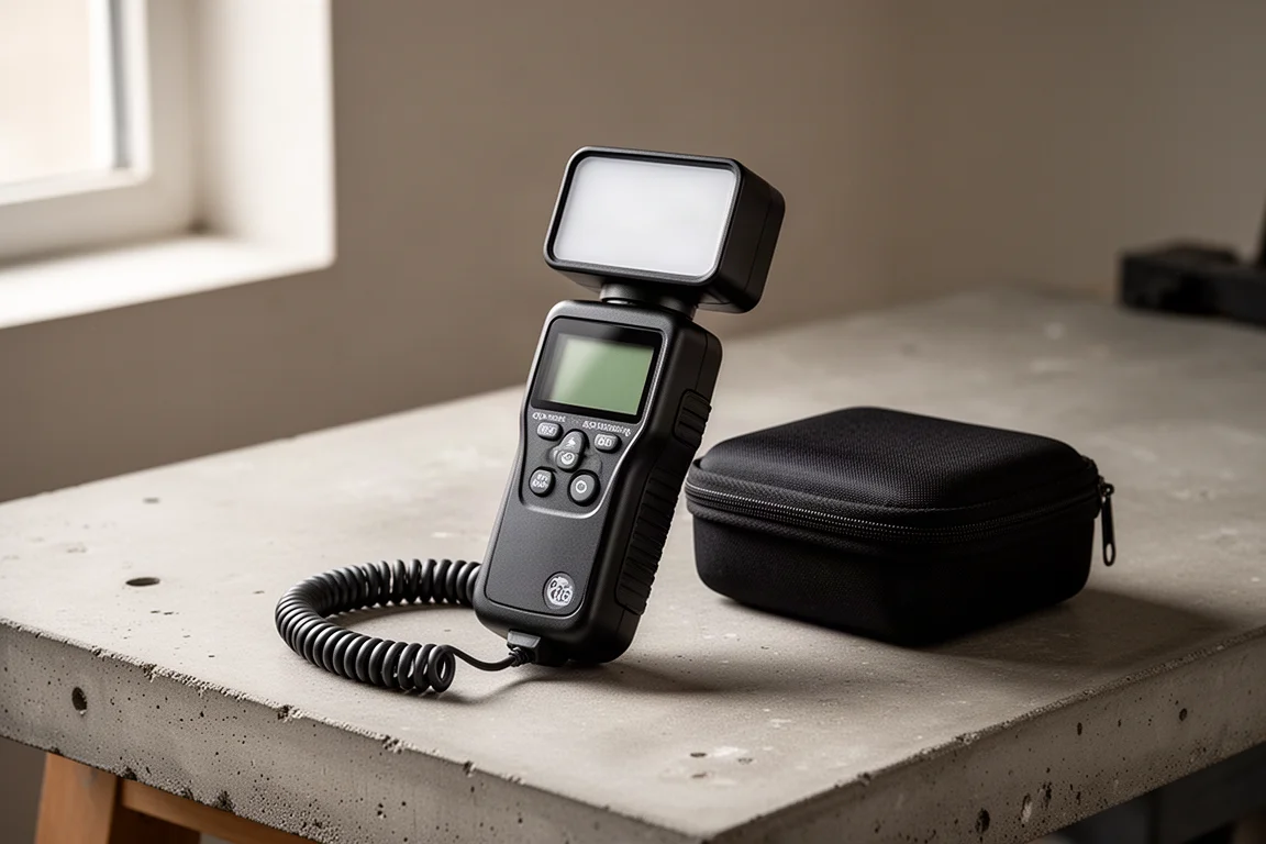 Klein Tools ET130 handheld light meter with sensor and carrying case on a workbench