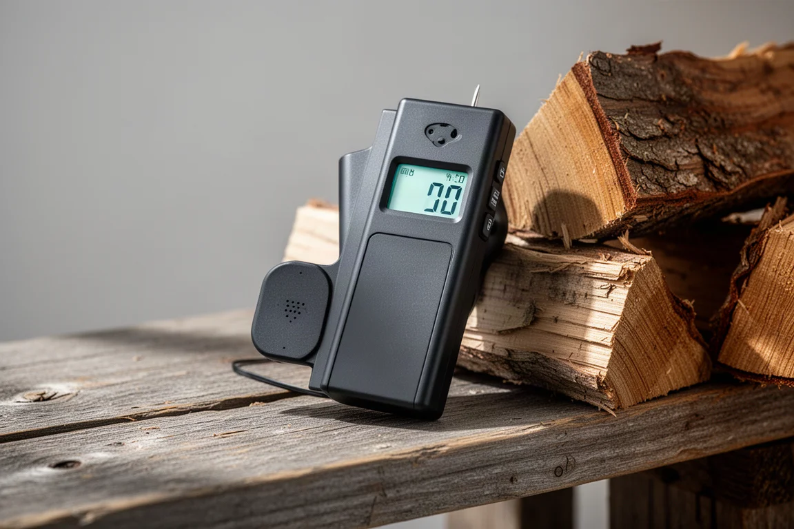 Handheld pinless moisture meter on a wooden plank beside split firewood logs