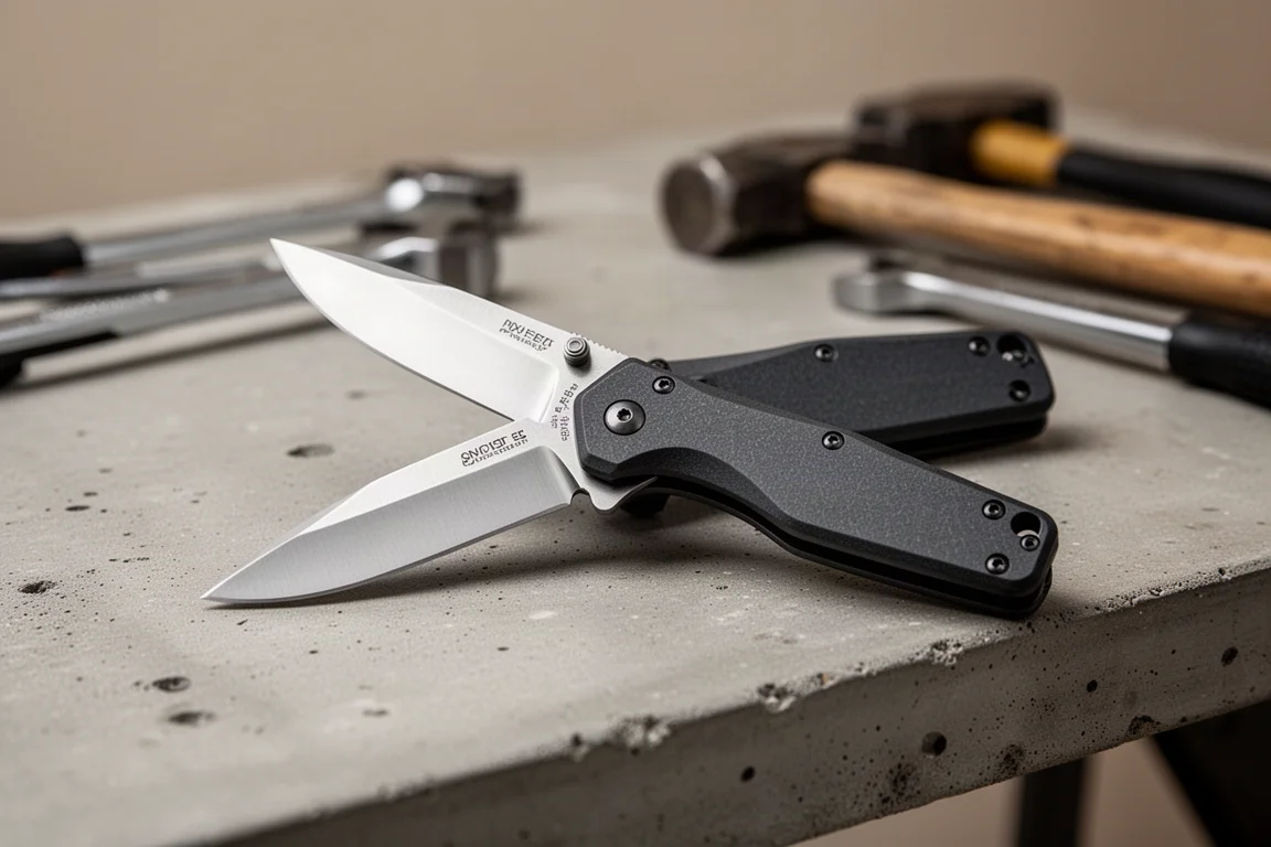 Coltello tascabile pieghevole parzialmente aperto su un banco di lavoro