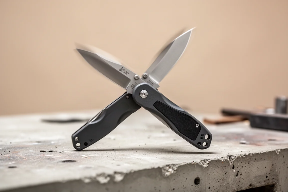 Coltello aperto con uno scatto sopra un banco di lavoro