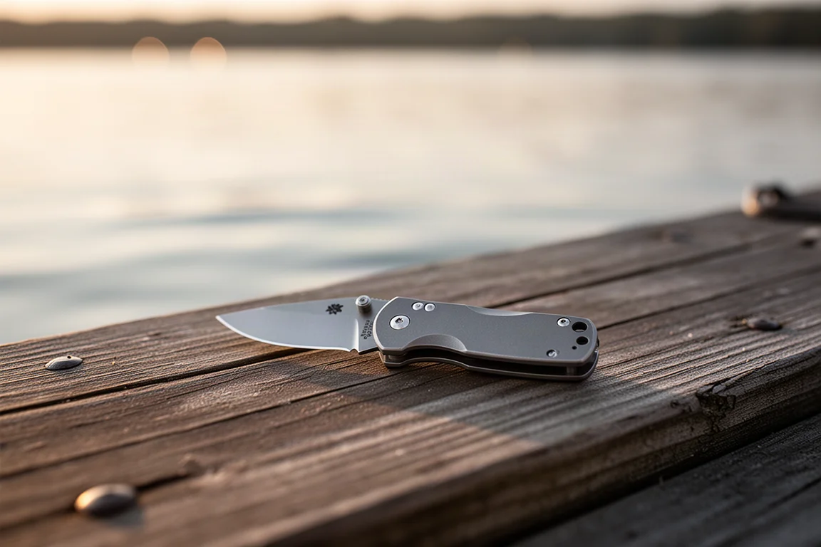 Coltello da pesca su un molo consumato con l'acqua sullo sfondo