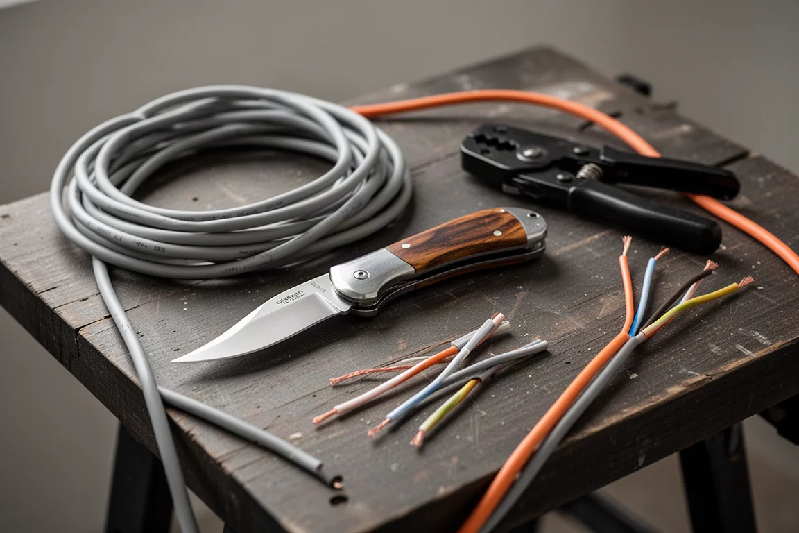Electrician's workbench with cable and a folding hawkbill knife resting on it