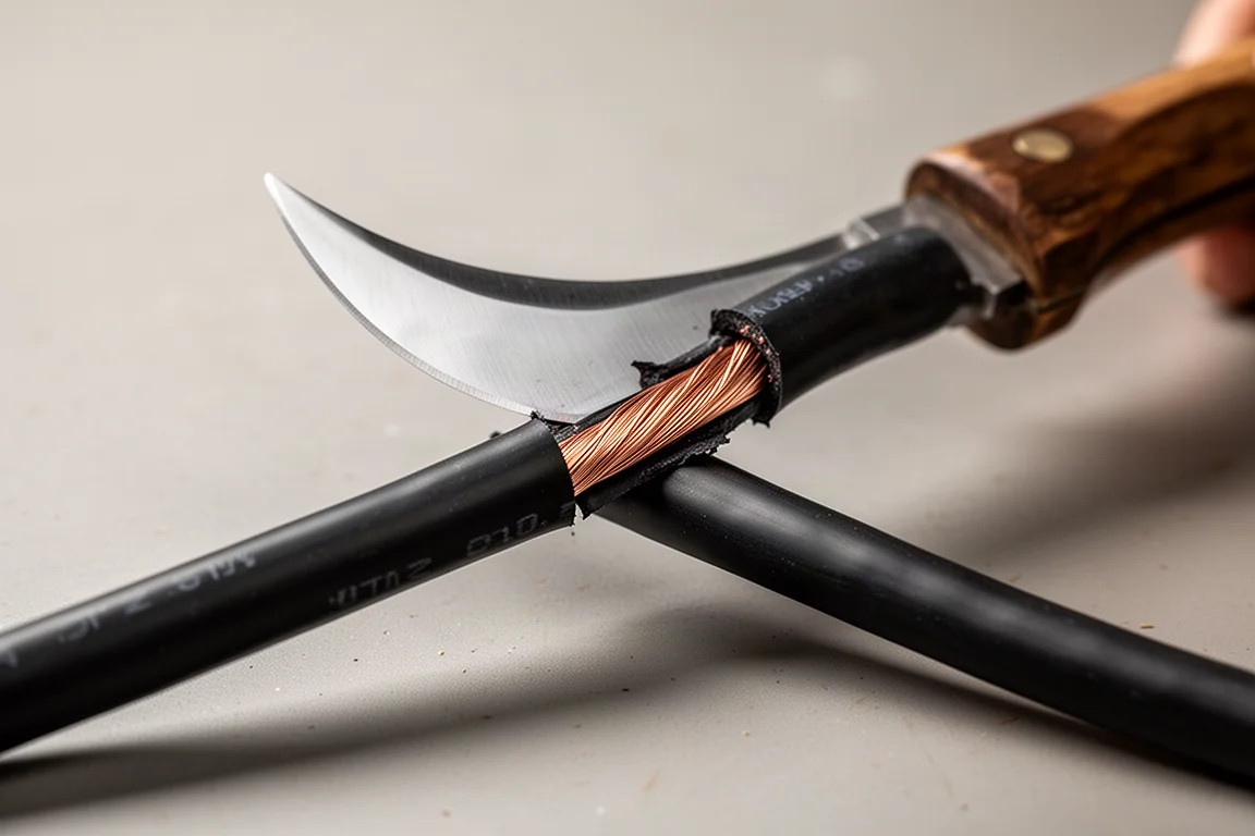 Close-up of a sharply curved hawkbill blade slicing through insulated electrical cable
