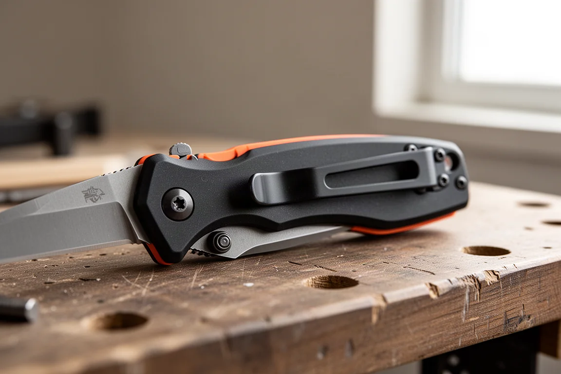Folding utility knife with its pocket clip visible on the handle edge