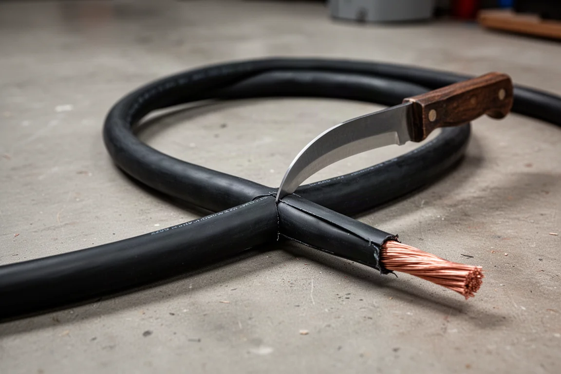 Large heavy-gauge electrical cable being scored by a curved blade on a workshop surface
