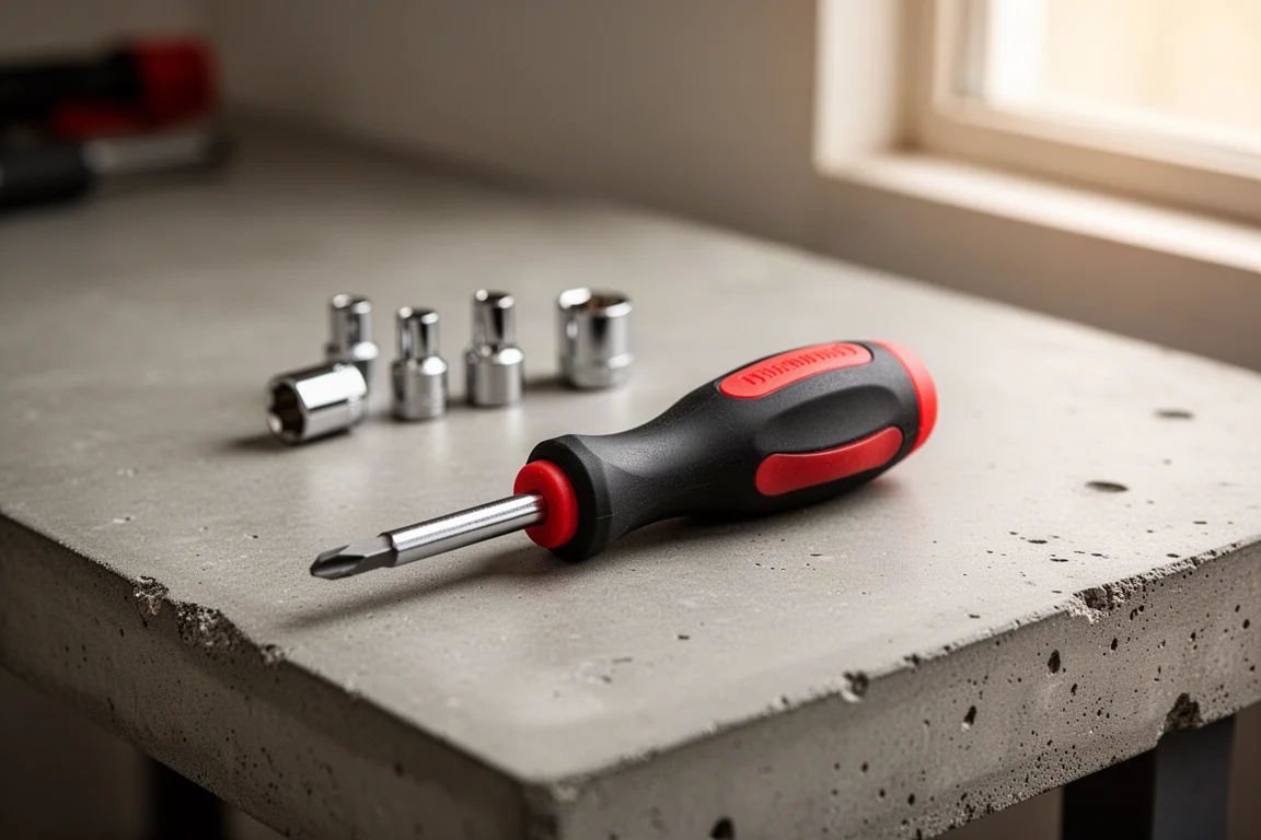 Compact stubby ratcheting driver resting on a concrete workbench with socket pieces nearby