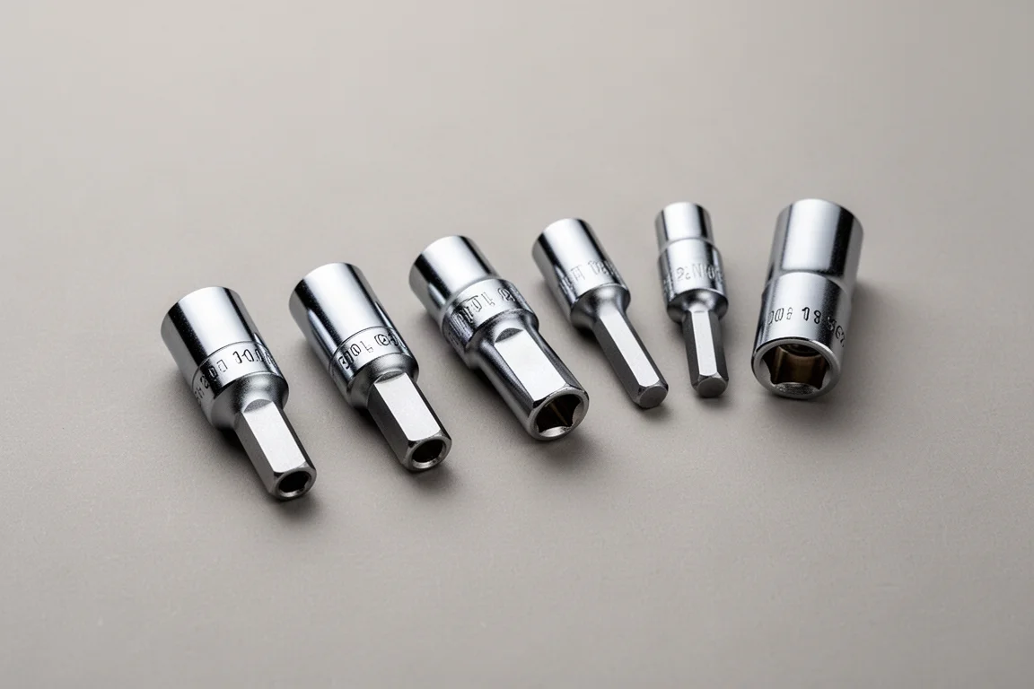 Metric flip socket set pieces laid out on a neutral surface