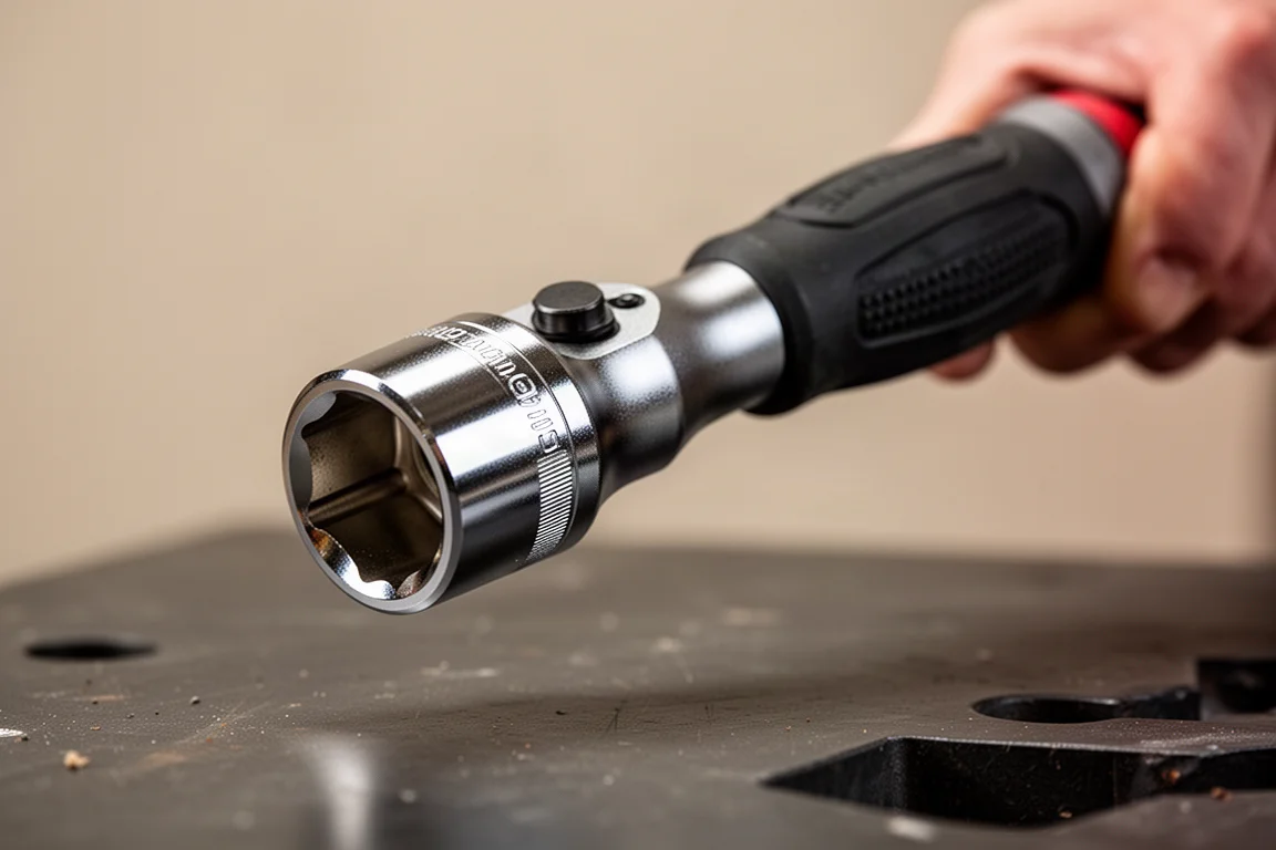 Ratcheting driver with a large socket fitted on its end held over a workbench