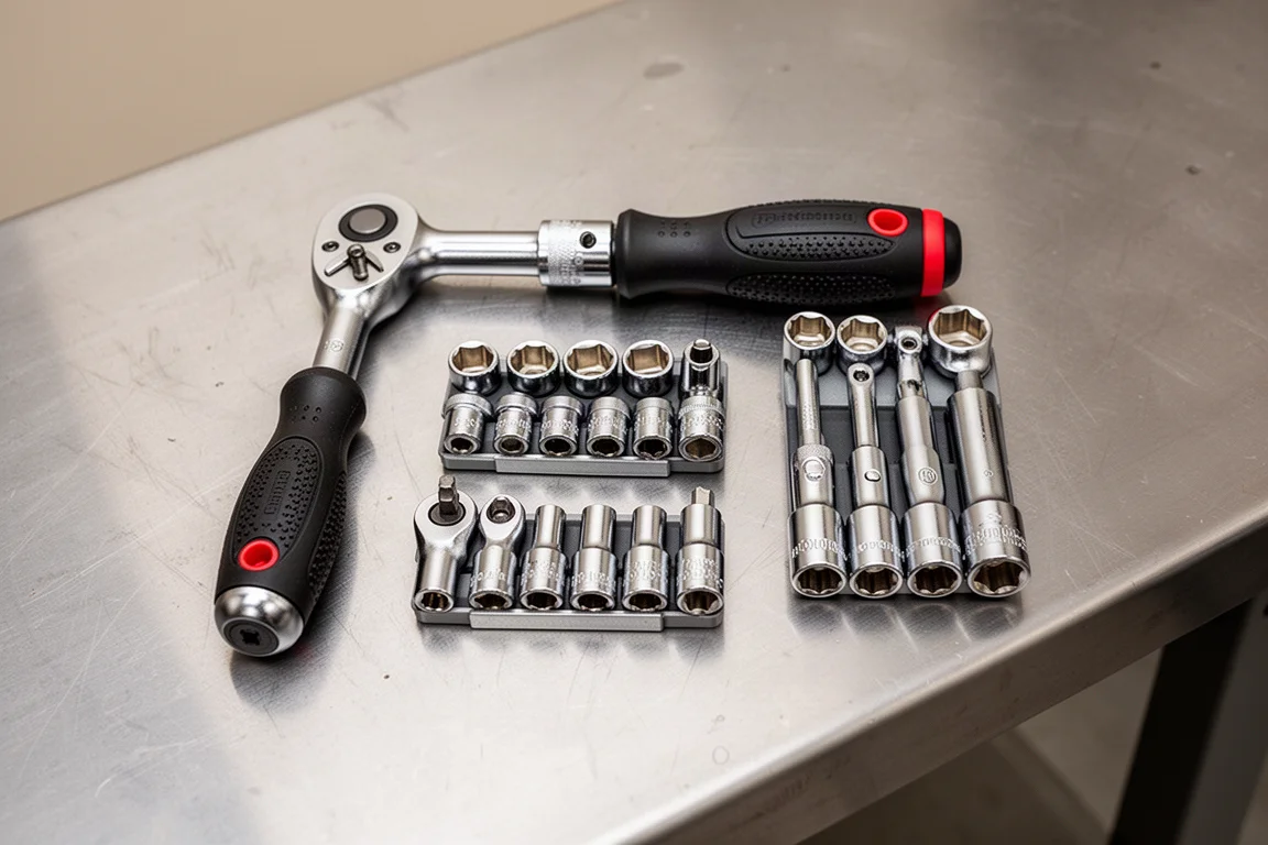 Full collection of flip socket sets and the driver arranged on a workbench