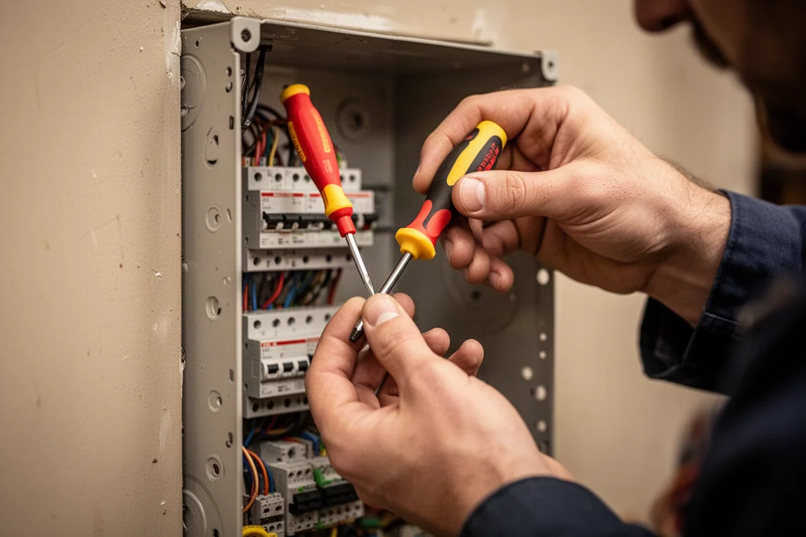Elektriker arbeitet in einem engen Schaltschrank mit einem kompakten Schraubendreher