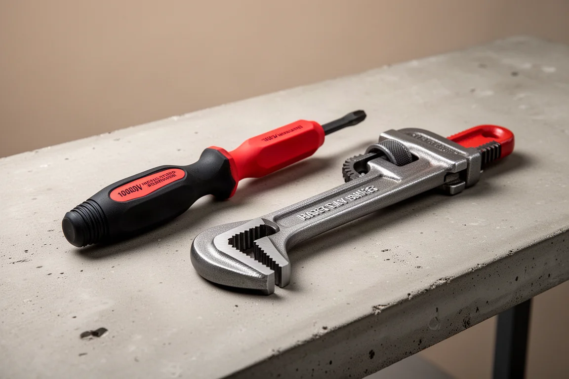 Klein insulated screwdriver and S-jaw pipe wrench on a concrete workbench