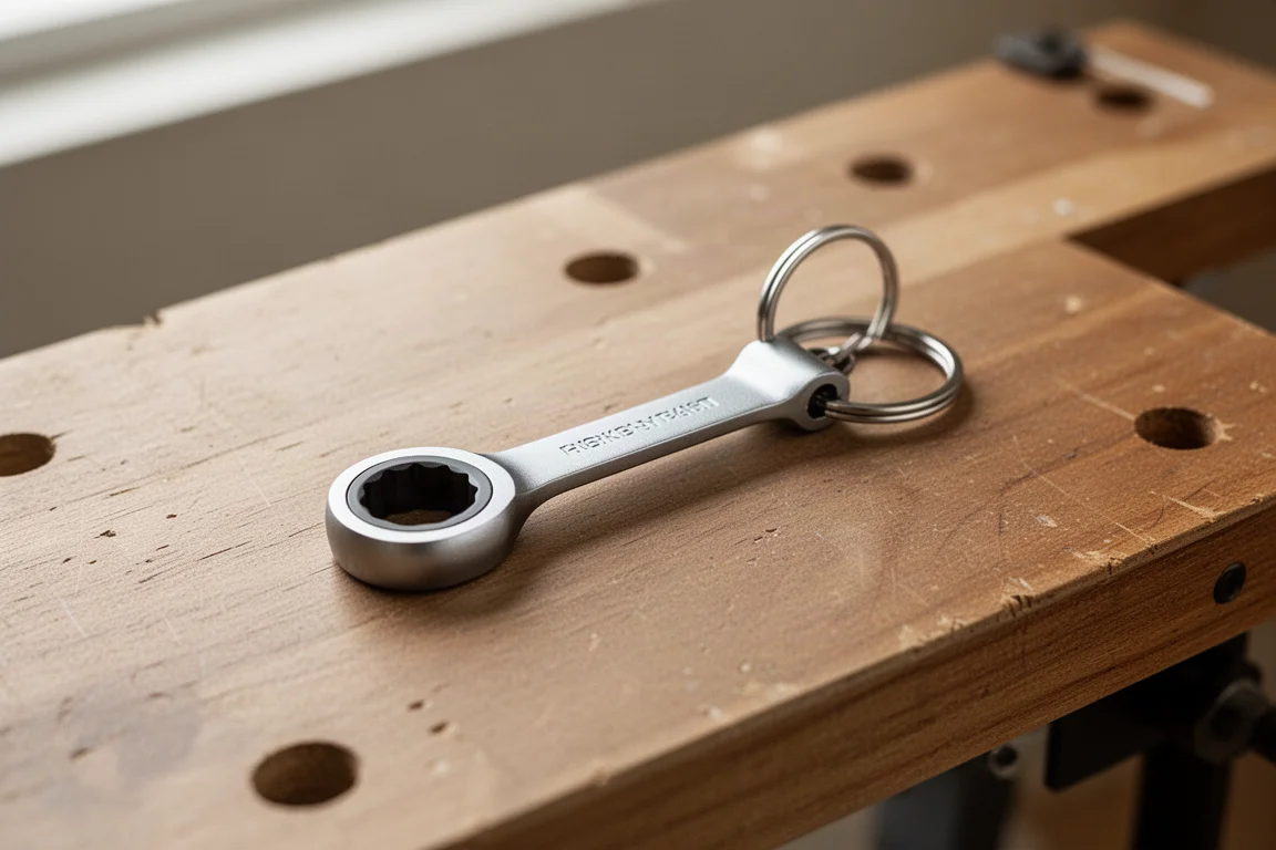 Mini-Ratsche mit Schlüsselring und Lanyard auf einer Werkbank