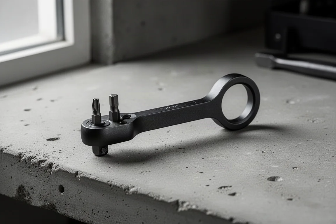 Mini ratchet Klein Tools z otworem na palec i osadzonymi bitami na betonowej powierzchni