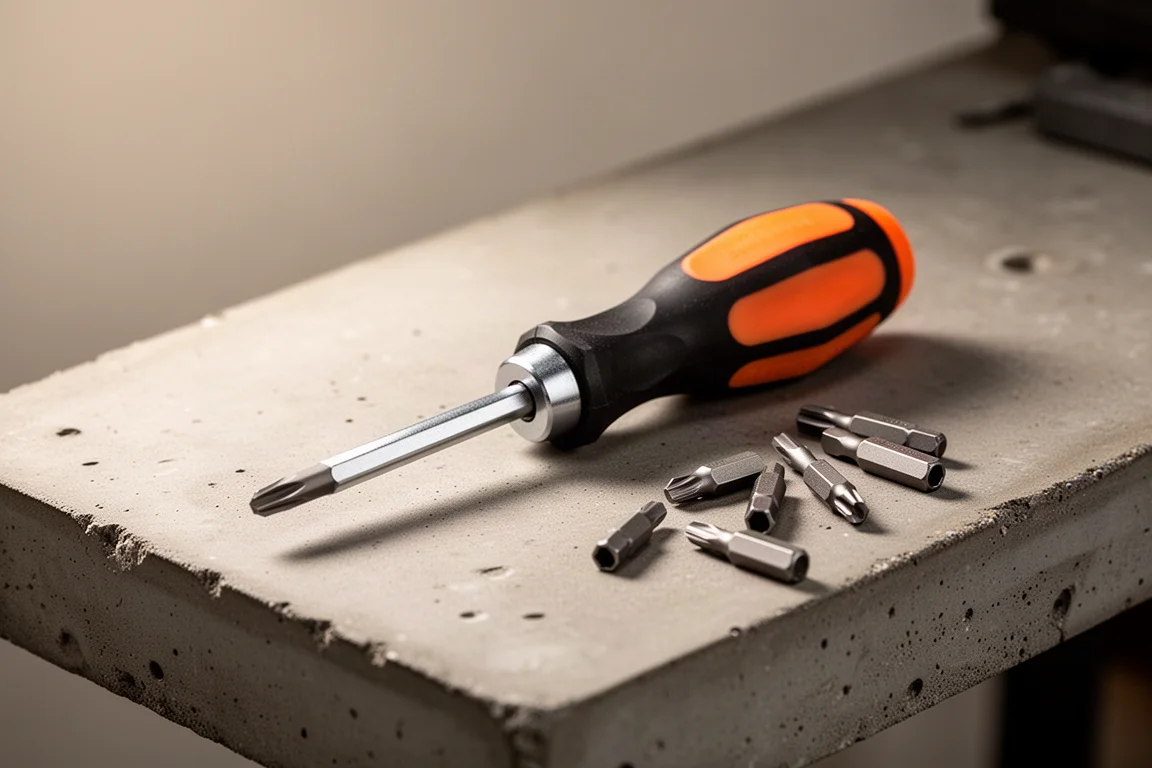 Multi-bit screwdriver resting on a concrete workbench beside scattered hex bits
