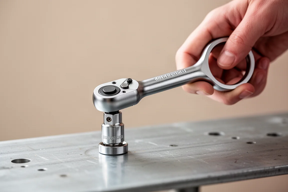 Compact mini ratchet with a finger ring driving a socket on a small bolt