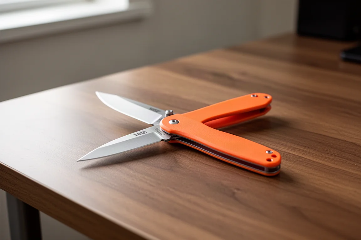 Folding pocket knife with orange handle open on a wooden desk
