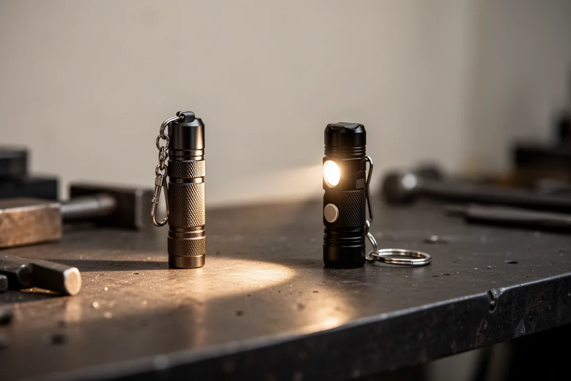 Keychain flashlight casting a soft beam across a dark workshop surface