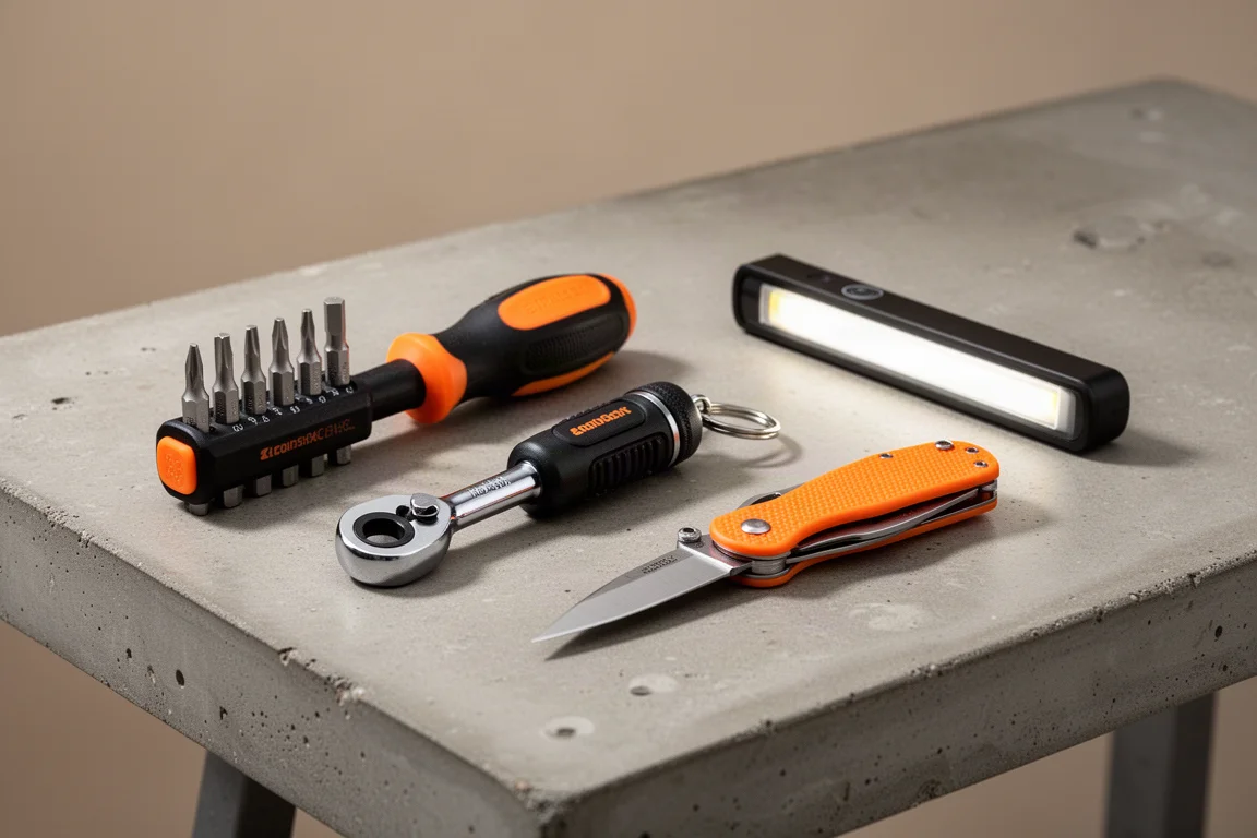 Assortment of hand tools including screwdriver, mini ratchet, pocket knife, and work light on concrete