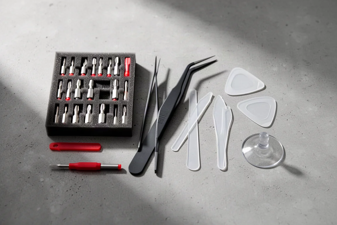 Kit de ferramentas de precisão aberto com bits, pinças e alavancas organizados na maleta