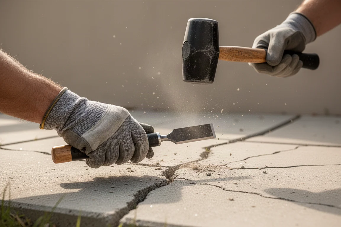 修整庭院时用木槌敲击手持凿子在石面上作业