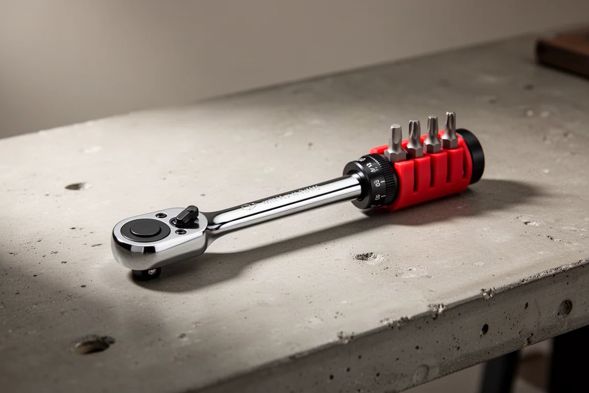 Klein slim mini ratchet with bit sleeve on a concrete workbench