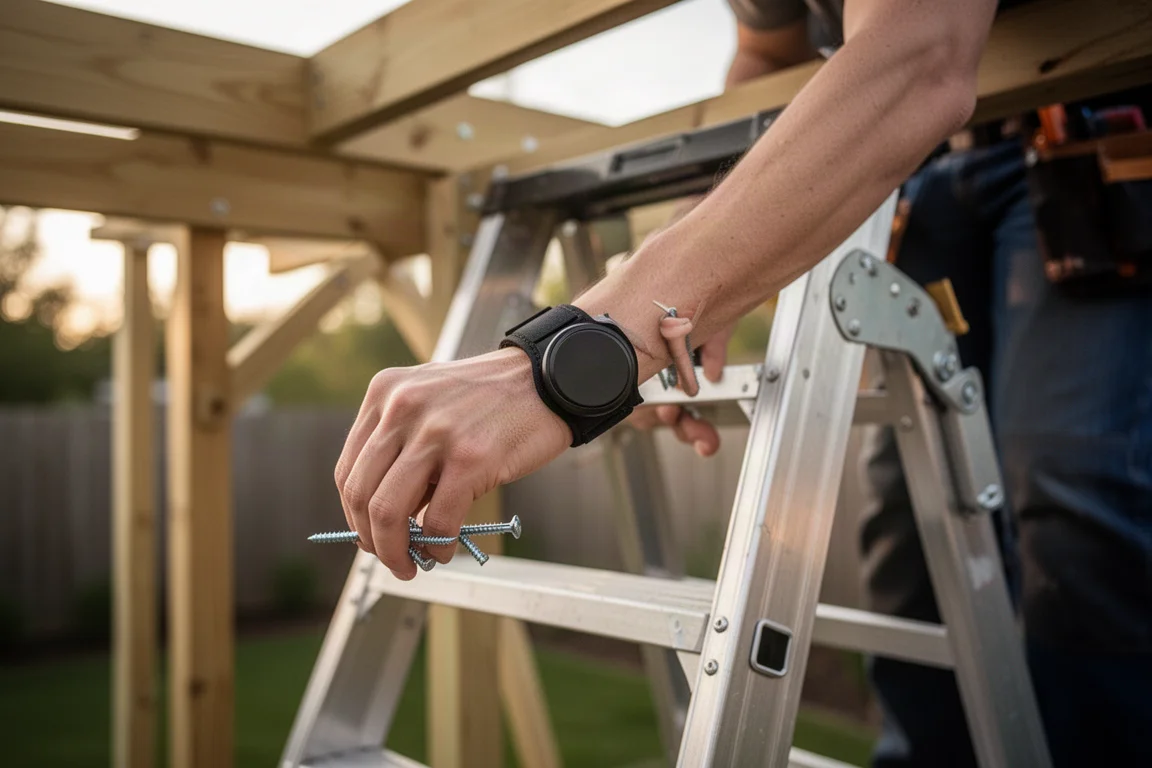 Bricoleur sur une échelle cherchant une vis depuis son bracelet
