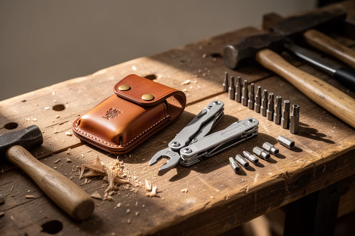 Robusto multi-tool in acciaio per elettricisti con custodia in pelle su un banco di lavoro