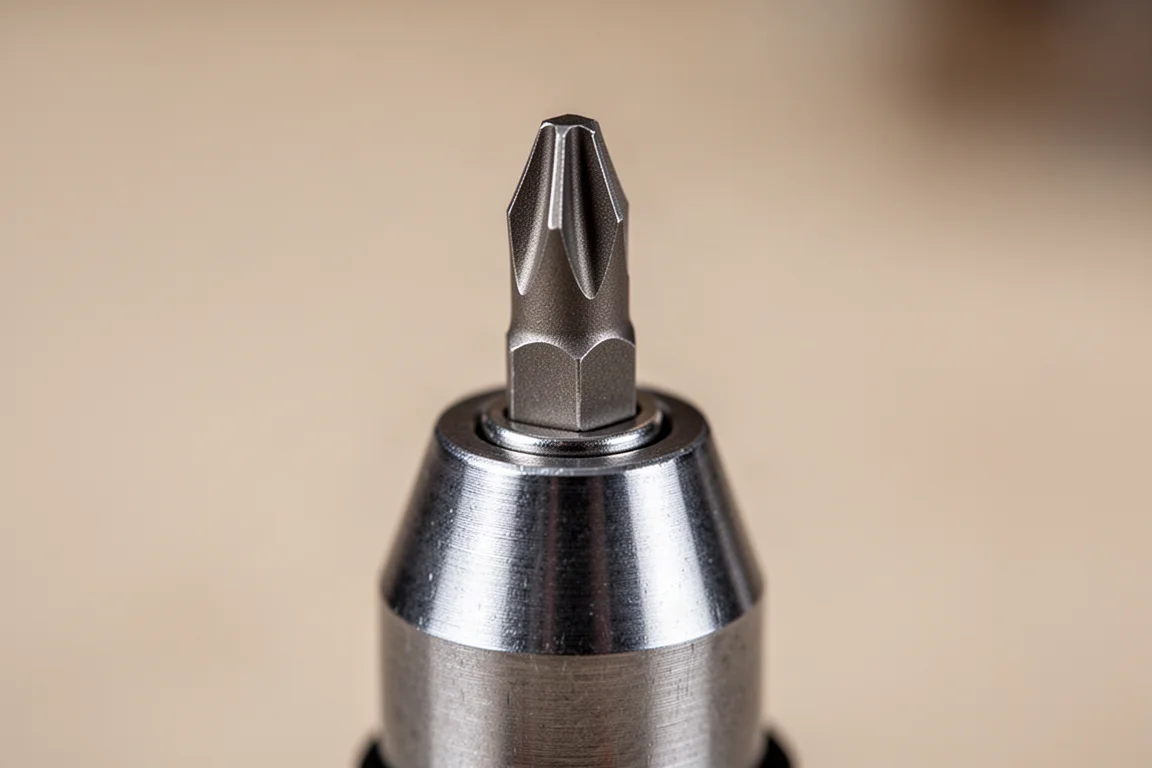 Primo piano di una punta esagonale da un quarto di pollice trattenuta da un magnete nel portapunte di un multi-tool