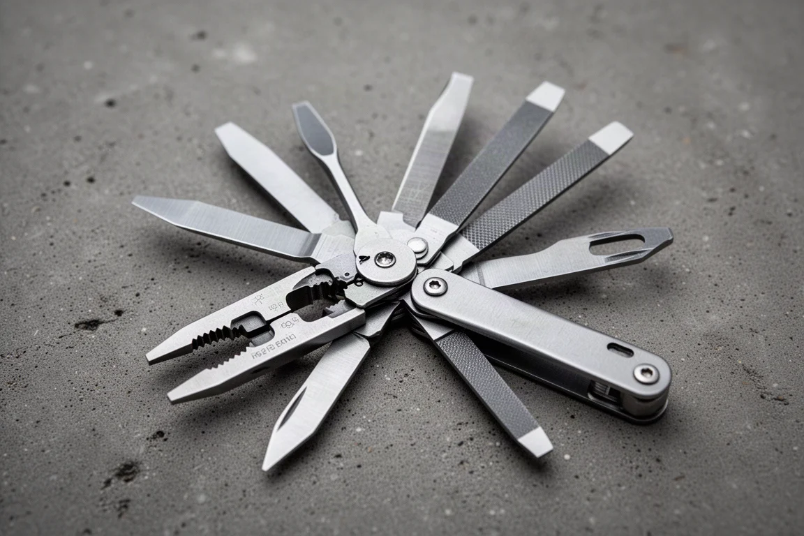 Multi-tool aperto che mostra le lame combinate per spelare fili, scalpello e lima
