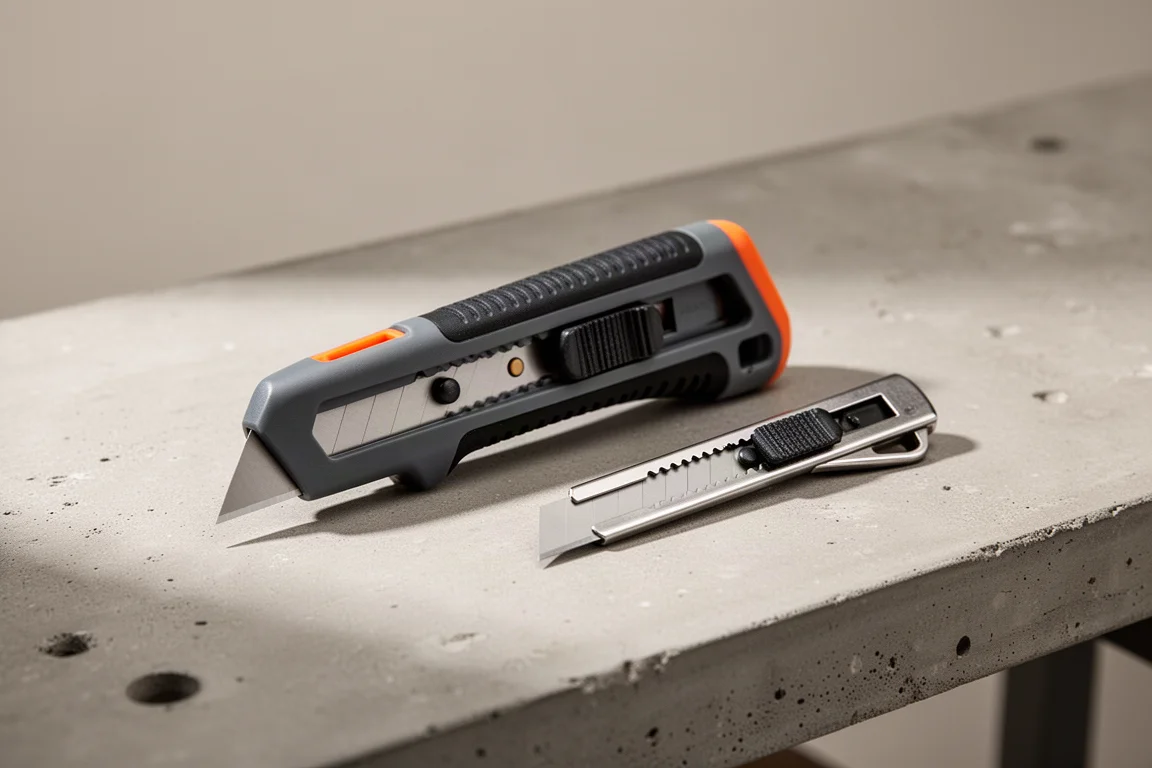 Two Klein utility knives, a modern auto-loader and a compact classic, side by side on concrete