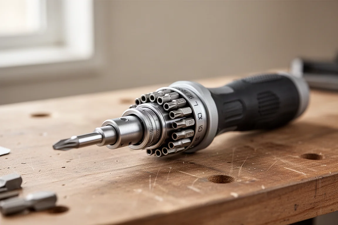 Precision screwdriver handle with transparent bit carousel pulled open showing double-sided bits