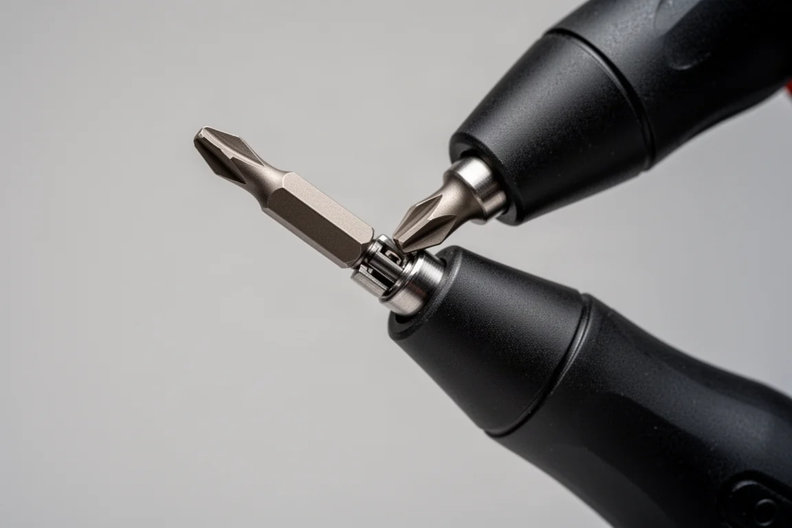 Close-up of a driver bit sliding into the chuck of a precision screwdriver
