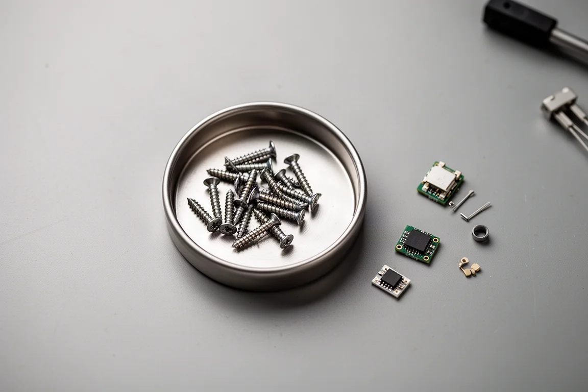 Small parts tray and tiny screws arranged on a workbench during electronics repair