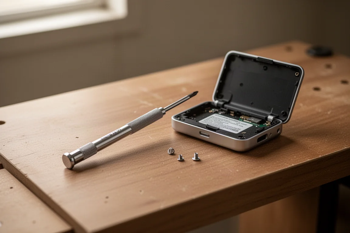 Precision screwdriver resting on a workbench next to disassembled small electronics