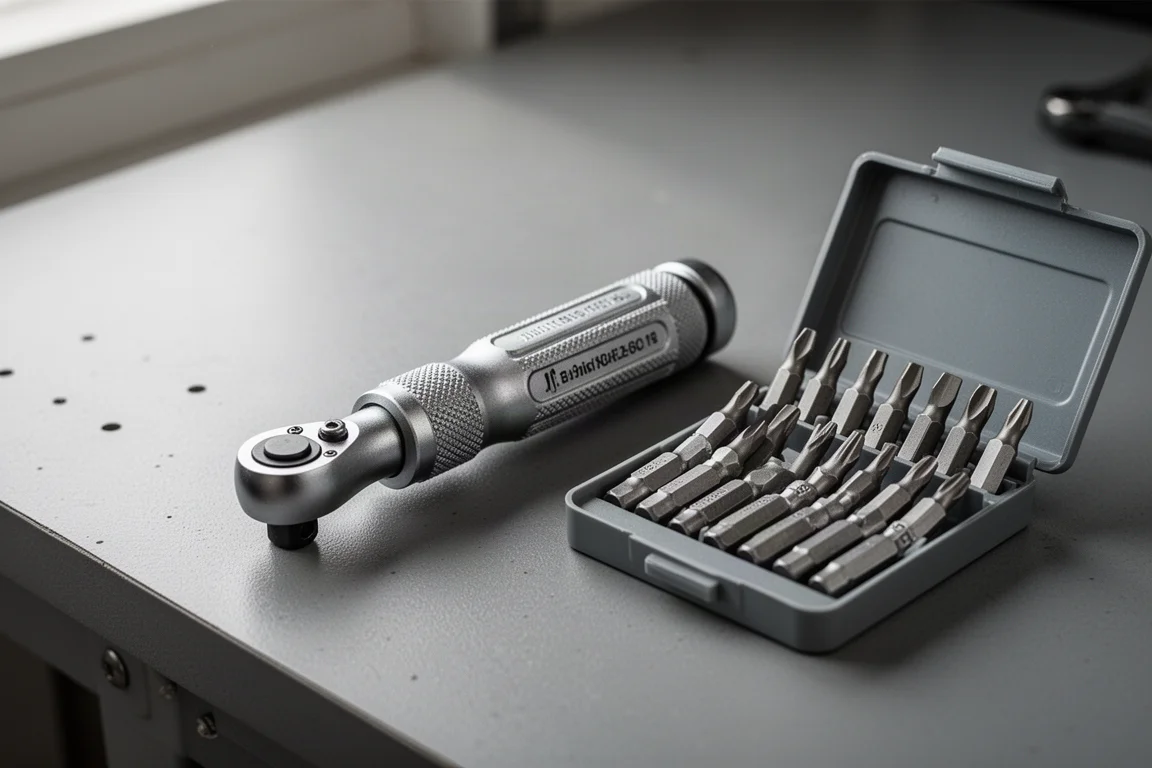 Compact mini ratchet bit driver resting on a workbench beside a tray of small screwdriver bits