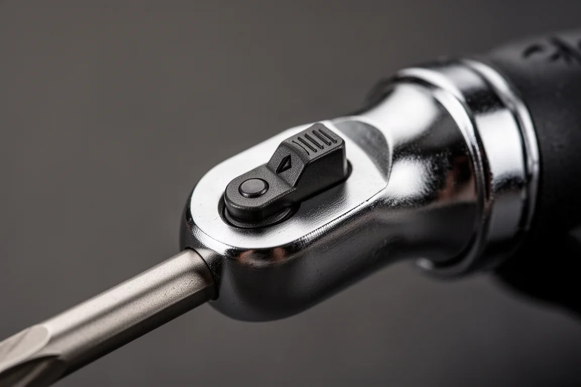 Close-up of a ratchet head with directional switch lever in soft studio light