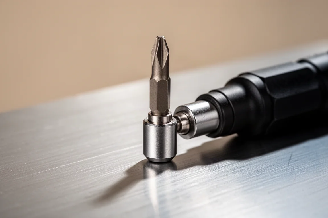 Small screwdriver bit standing upright in the magnetized tip of a bit driver