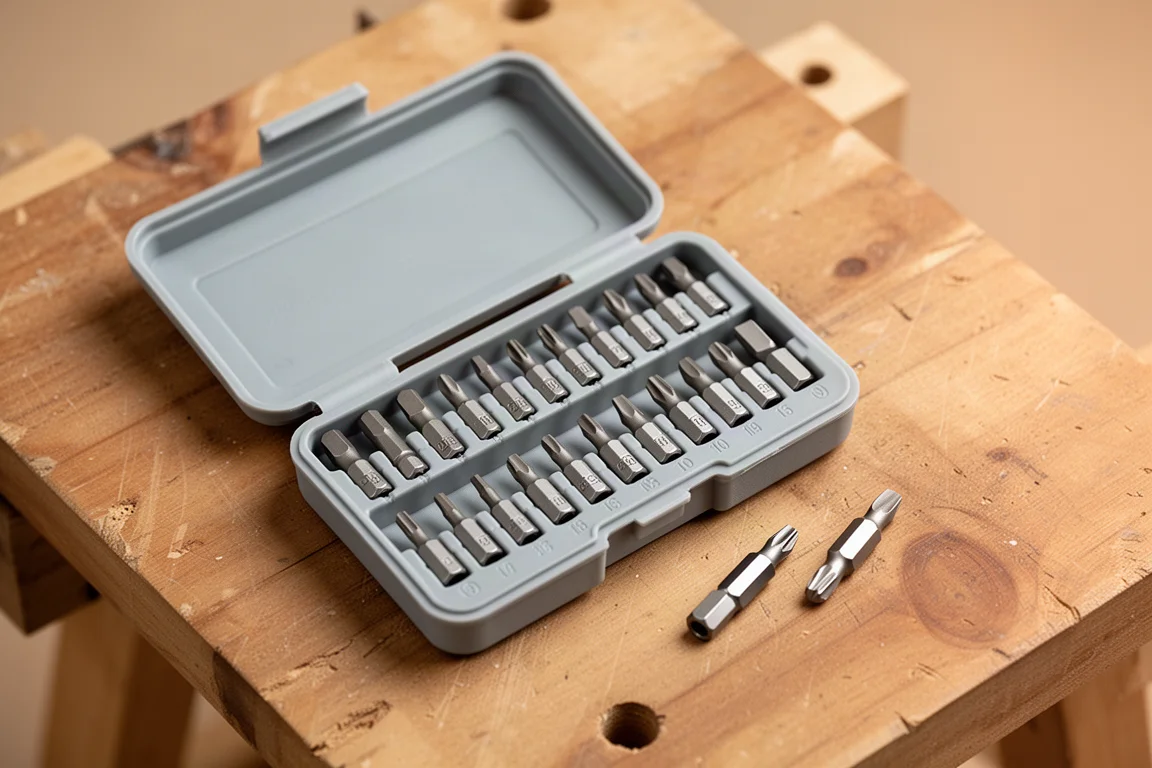 Open low-profile bit tray with small bits organized in labeled slots