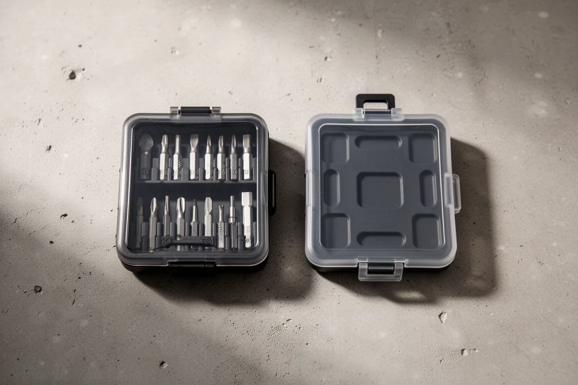 Two compact precision bit set cases sitting side by side on a workbench