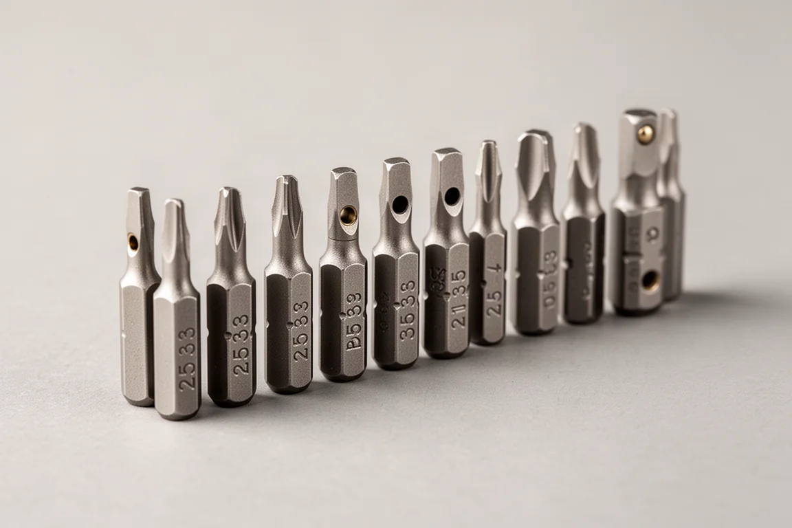 Precision screwdriver bits laid out in a row showing size markings